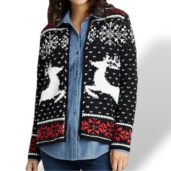J.Jill Holiday Christmas Reindeer Snowflake Zip Knit Winter Cardigan Fair Isle - Picture 2 of 7